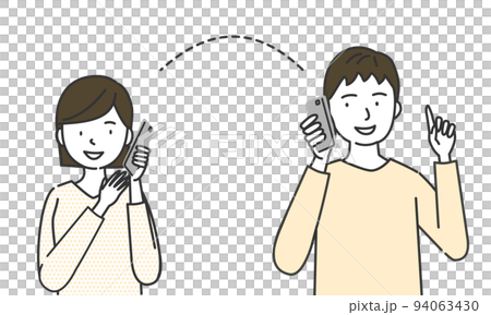 スマートフォンで連絡を取り合う男女 94063430