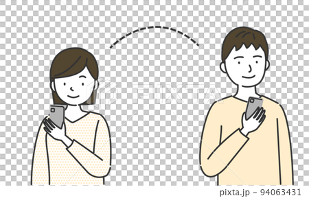 スマートフォンで連絡を取り合う男女 94063431