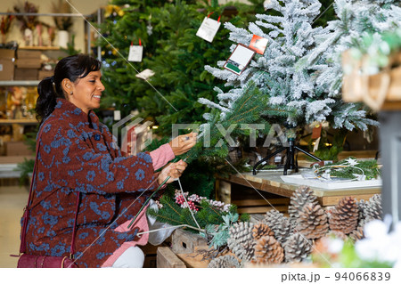 Woman choosing New Year's tree in christmas street fair Woman choosing New Year's tree in christmas street fair 94066839
