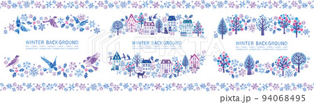 雪の結晶　冬のイラストフレームセット　横　（小鳥　街並み　森） 94068495