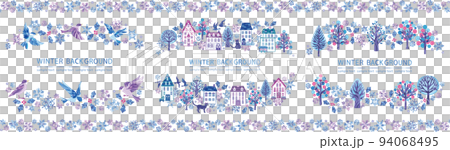 雪の結晶　冬のイラストフレームセット　横　（小鳥　街並み　森） 94068495