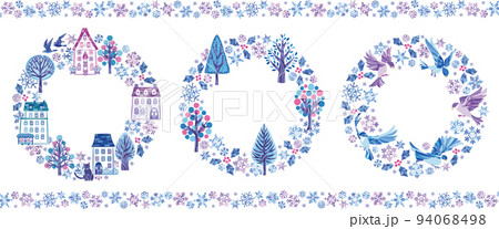 雪の結晶 冬のイラスト丸フレームセット② (小鳥 街並み 森) 雪の結晶 冬のイラスト丸フレームセット② (小鳥 街並み 森) 94068498