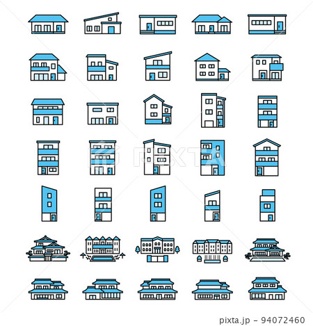 家のアイコンセット　戸建ビル2階、3階狭小住宅などの家のアイコンです。 94072460