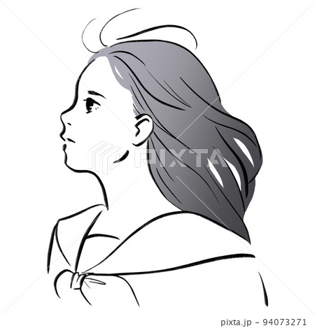 風に吹かれる女性の横顔 モノクロ線画イラスト のイラスト素材