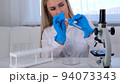 professional scientist takes a sample for a medical experiment. A research chemist works in a 94073343