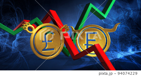 bullish chf to bearish gbp currency. foreign exchange market 3d illustration of swiss franc to british pound. money represented as golden coins bullish chf to bearish gbp currency. foreign exchange market 3d illustration of swiss franc to british pound. money represented as golden coins 94074229
