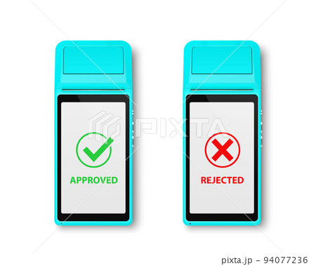 Vector 3d NFC Payment Machine with Approved and Rejected Status Isolated on White. Wi-fi, Wireless Payment. POS Terminal, Machine Design Template of Bank Payment Contactless Terminal, Mockup. Top VIew 94077236