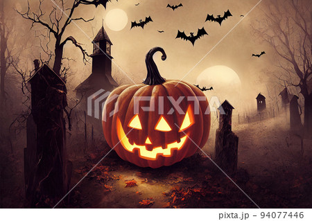scary halloween pumpkin in graveyard scary halloween pumpkin in graveyard 94077446