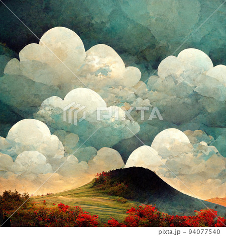 Dramatic Clouds Pattern on a Hill Anime Background Illustration Landscape 94077540