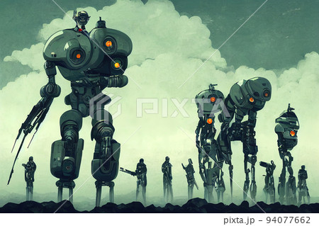 cyborg android male robots army with gun in hands high camera angle cyborg android male robots army with gun in hands high camera angle 94077662