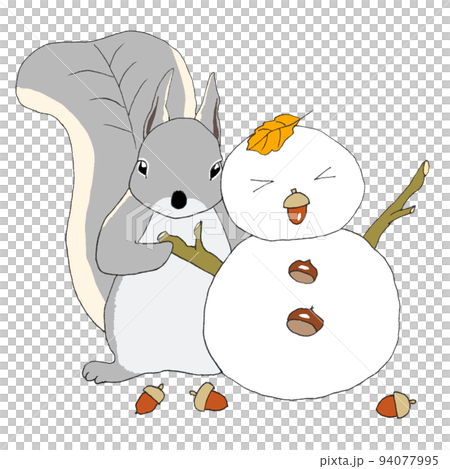 Japanese squirrel with winter fur that makes a snowman with branches and acorns Japanese squirrel with winter fur that makes a snowman with branches and acorns 94077995