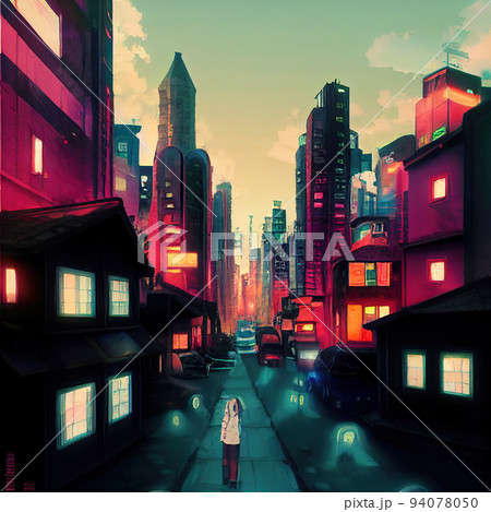anime style drawing of street - Stock Illustration [94078050] - PIXTA