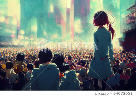 crowds in concert or music festival with a lot of lights, anime style 94078053