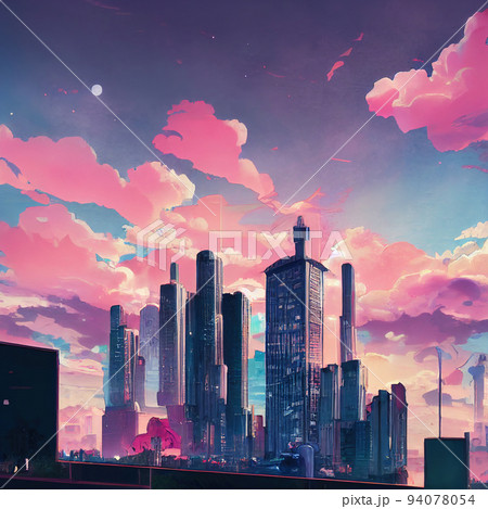 anime style city with pink clouds 94078054