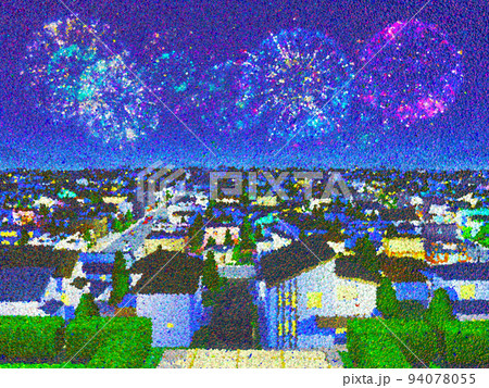 風景　夜景　点描画　背景　住宅街　水彩画風 94078055