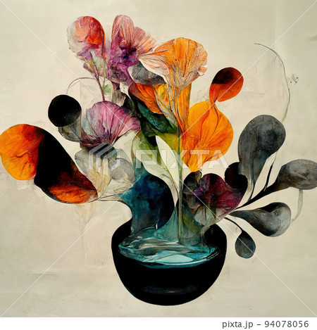 Arrangement of flowers, liquid splashes and organic shapes 94078056