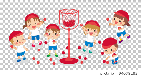 運動会で玉入れをしている可愛い小さな子供たちのイラスト　白背景　クリップアート　ベクター 94078182