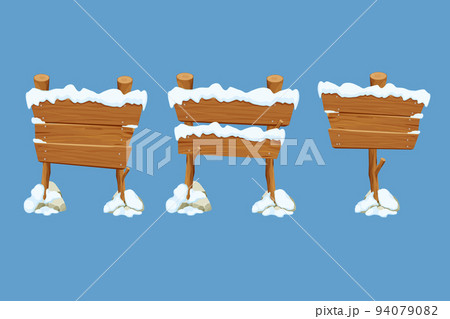 Set winter old wooden blank, signboard with snow in cartoon style.Empty frames, direction plank isolated on blue background. Season decoration 94079082