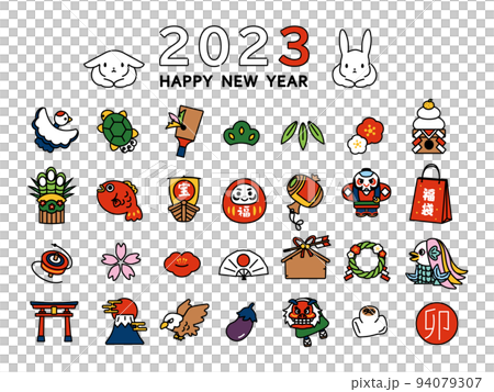 2023　卯年　正月　ウサギ　縁起物　アイコン　セット　シンプル　線画　イラスト 94079307