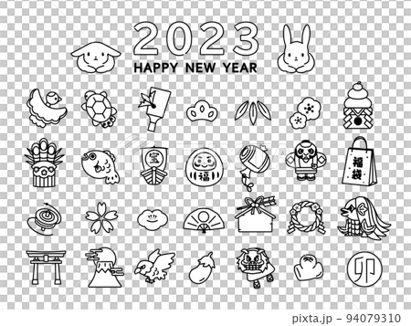 2023　卯年　正月　ウサギ　縁起物　アイコン　セット　シンプル　線画　イラスト 94079310