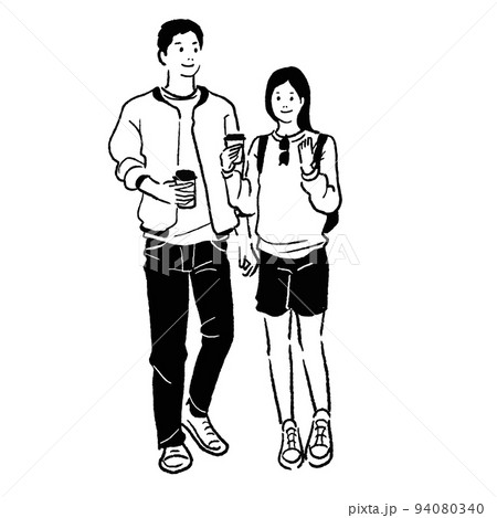 コーヒーを持つ男女のベクター線画 94080340