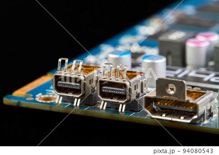 HDMI, DP connectors on the Computer graphics card on black background 94080543