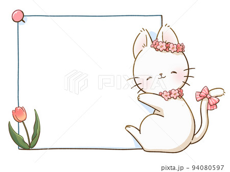 フレーム枠を持つ猫（白）　お花（にっこり顔） 94080597