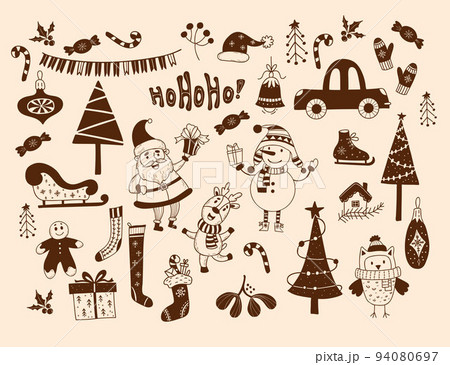 Cute Christmas doodle. Characters old man Santa Claus with gift, snowman, an owl and deer, car, sleigh, skates and Christmas tree and toys mistletoe and knitted sock with gloves. Vector hand drawing 94080697