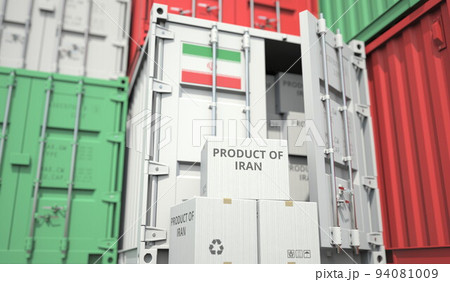 Boxes with goods from Iran and cargo containers. National economy related conceptual 3D rendering 94081009