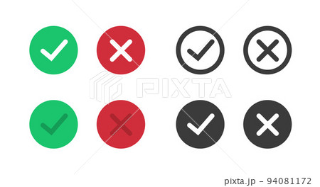Yes no icon sign vector or ok correct and incorrect red green symbol pictogram, tick check mark verify and cross x wrong fail graphic button circle, dont deny and false true line outline art image 94081172