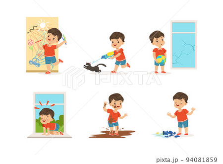 Naughty Little Boy Playing Games and Making Mess Around Vector Set Naughty Little Boy Playing Games and Making Mess Around Vector Set 94081859