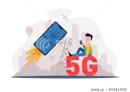 High speed wireless 5G internet technology with smartphone launching. Person using mobile device with high speed mobile internet connection cartoon vector illustration High speed wireless 5G internet technology with smartphone launching. Person using mobile device with high speed mobile internet connection cartoon vector illustration 94081990