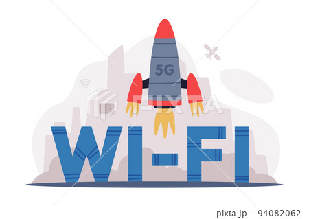 High speed wireless internet technology with rocket launching. Global network with high speed connection cartoon vector illustration High speed wireless internet technology with rocket launching. Global network with high speed connection cartoon vector illustration 94082062