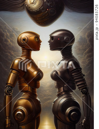 Two metallic humanoid robots androids or cyborgs facing each other 94083726