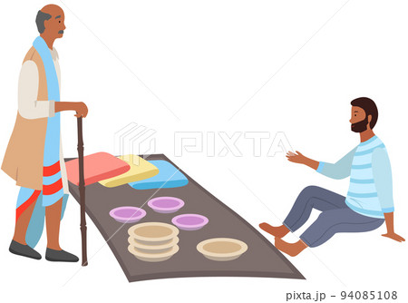 Indian street bazaar, people and shops ceramics on carpet. Asian street market with authentic goods 94085108