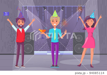 Group of happy people raising hands celebrating holiday with sparklers at birthday party in club 94085114
