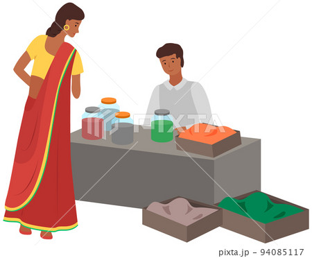 Eastern bazaar, indian seller sell spices, jars with herbs. Woman shopper at asian street market Eastern bazaar, indian seller sell spices, jars with herbs. Woman shopper at asian street market 94085117