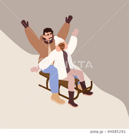 Couple riding sled on slope covered with snow 94085291