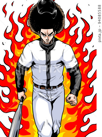 炎を背に一歩踏み出す野球選手の劇画マンガ風イラストのイラスト素材