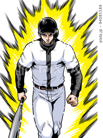 炎を背に一歩踏み出す野球選手の劇画マンガ風イラストのイラスト素材