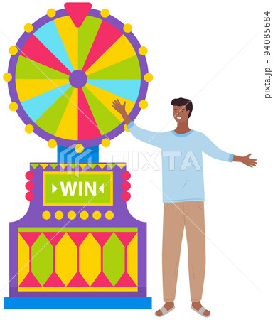 Game fortune wheel. Man playing risk game with fortune wheel and lottery. Casino and gambling 94085684