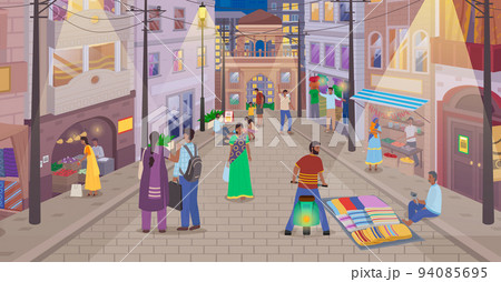 Indian market with people and different shops with ancient cityscape, authentic marketplace Indian market with people and different shops with ancient cityscape, authentic marketplace 94085695