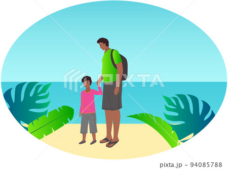 Family walk together. Dad and son leisure activity. Parents and children, outdoor on beach in trip 94085788