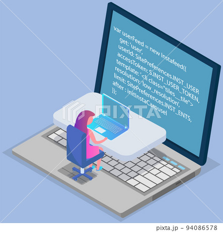 Pogrammer with laptop coding new project command line. Woman looking at monitor with program code Pogrammer with laptop coding new project command line. Woman looking at monitor with program code 94086578