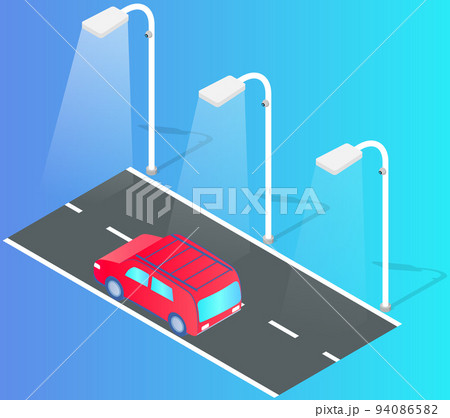 Passenger auto transport moves along urban road of city at night time, city street lit by lanterns Passenger auto transport moves along urban road of city at night time, city street lit by lanterns 94086582