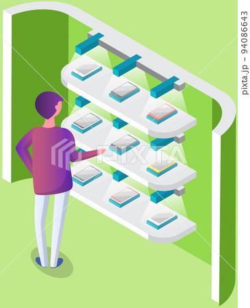 Man chooses smartphones at exhibition. Male character looking at mobile phones near promotion stand Man chooses smartphones at exhibition. Male character looking at mobile phones near promotion stand 94086643