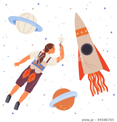 Girl with self made jetpack flying to sky. Lady dressed in astronaut, space explorer costume 94086765