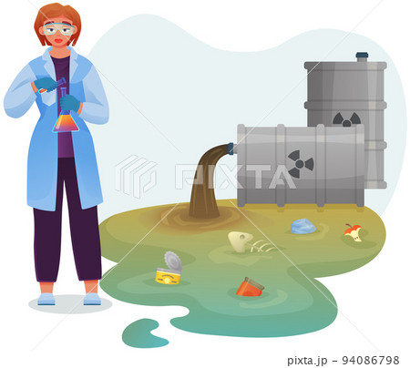 Environmental scientist studies industrial discharge from pipe. Pollution of nature and ecology Environmental scientist studies industrial discharge from pipe. Pollution of nature and ecology 94086798