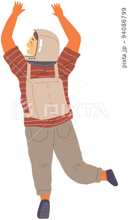 Guy wearing spacesuit helmet raising hands and dancing. Happy boy in costume of space explorer Guy wearing spacesuit helmet raising hands and dancing. Happy boy in costume of space explorer 94086799