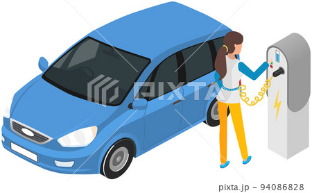 Modern electric smart car charging, automobile parking at charger station with plug in cable 94086828